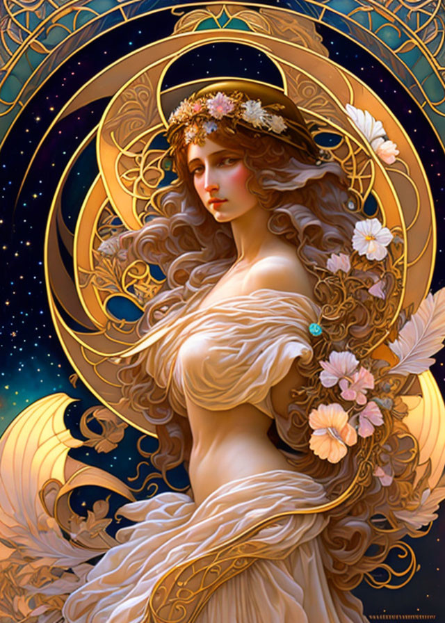 Ethereal woman with flower-adorned hair in diaphanous dress against starry backdrop