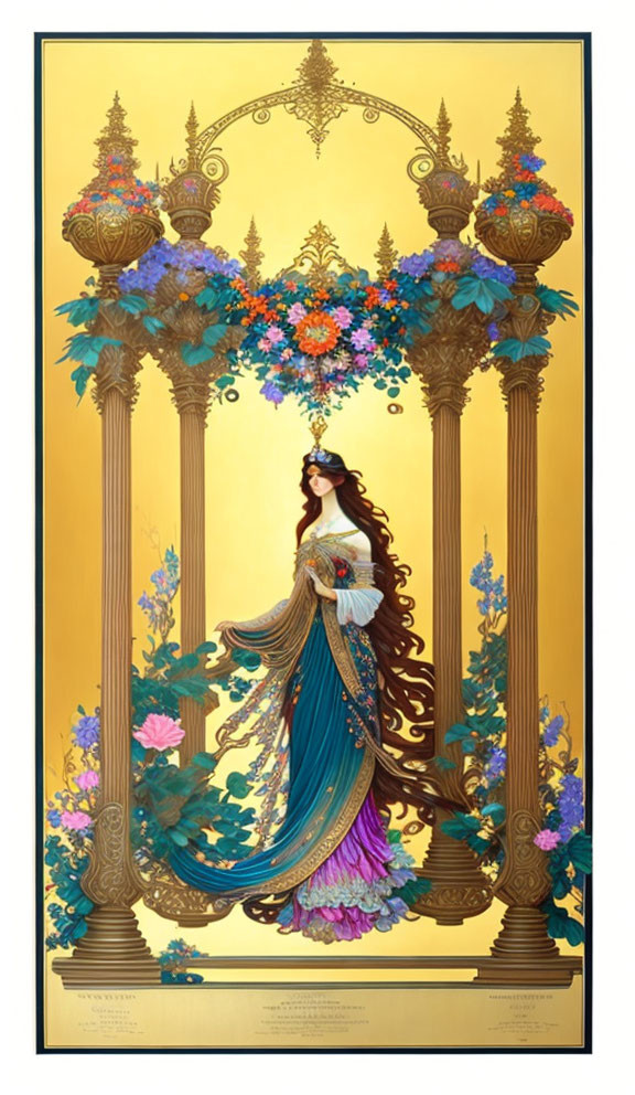 Detailed illustration of woman in blue and purple gown among decorative columns.