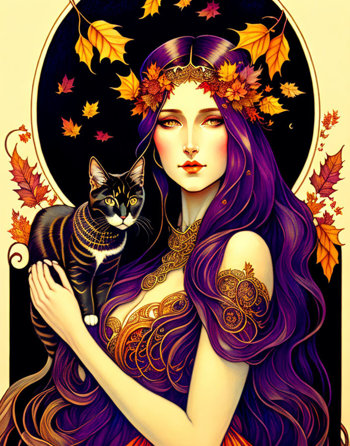 Woman with Long Purple Hair Holding Cat Surrounded by Autumn Leaves