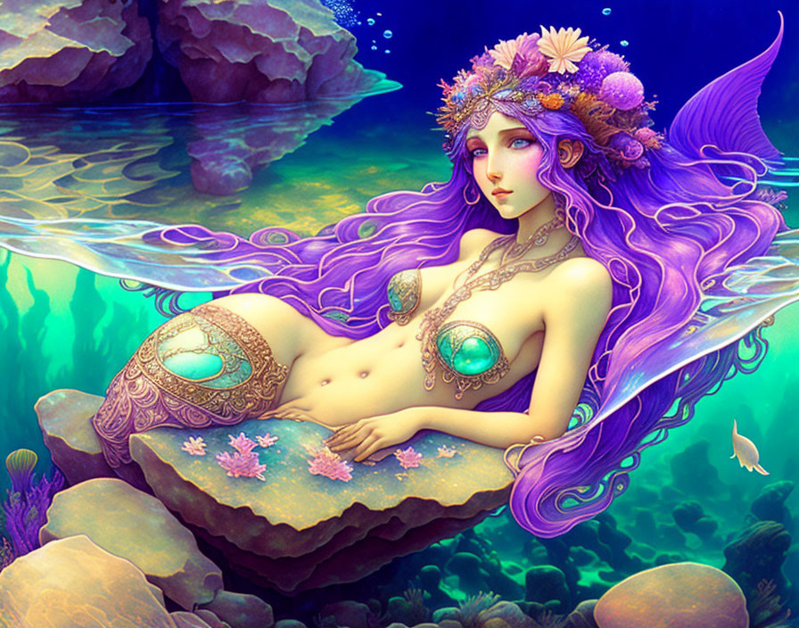 Mermaid with Purple Hair Sitting on Rock by Blue Water