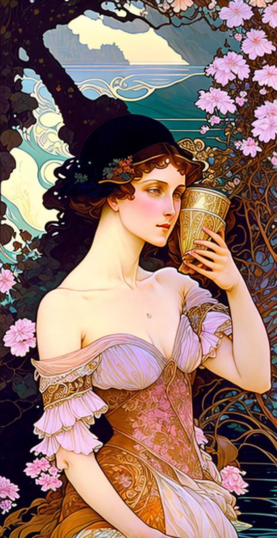 Art Nouveau Woman Holding Cup in Flowing Dress with Pink Flowers