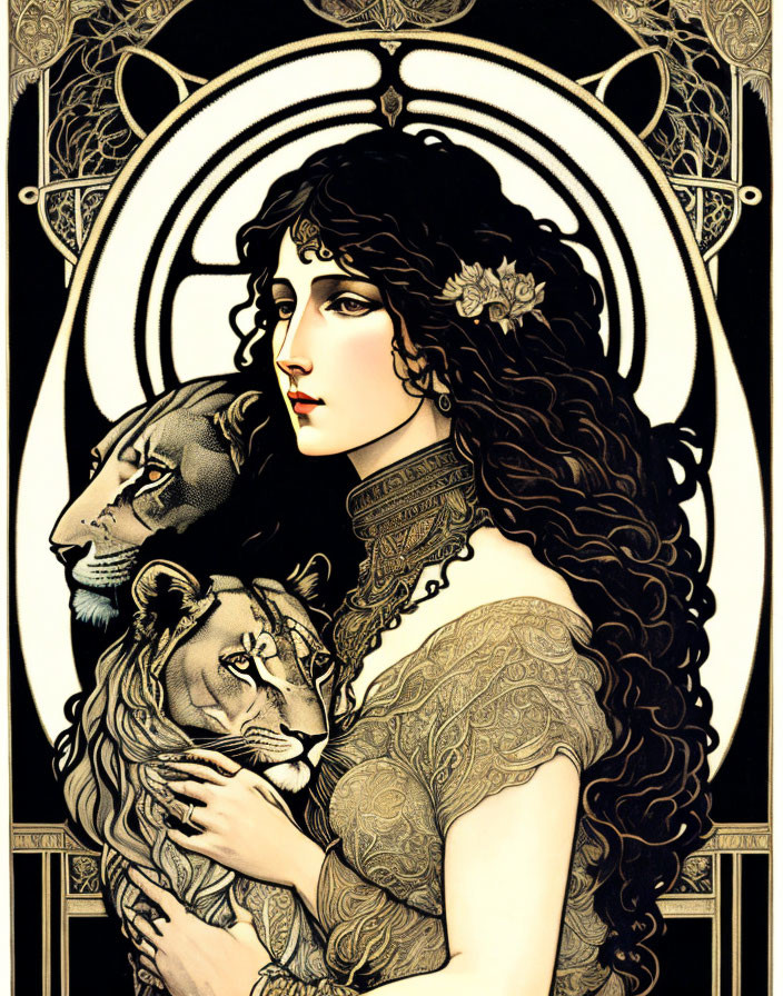 Art Nouveau Woman with Lions in Decorative Border