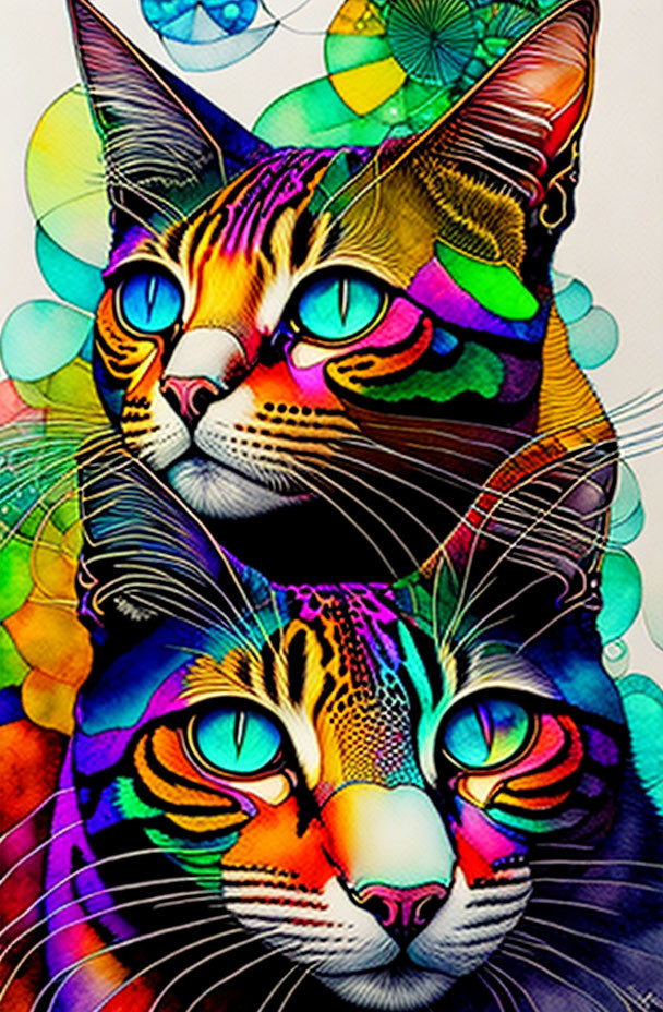 Colorful Psychedelic Cat Illustration with Vibrant Patterns