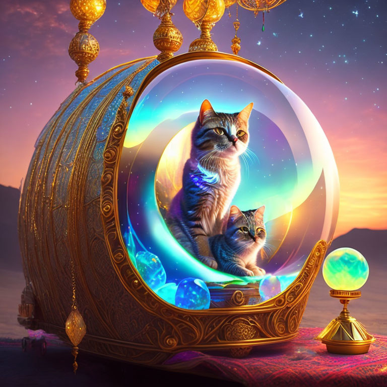 Surreal golden carriage with cats in bubble against twilight sky