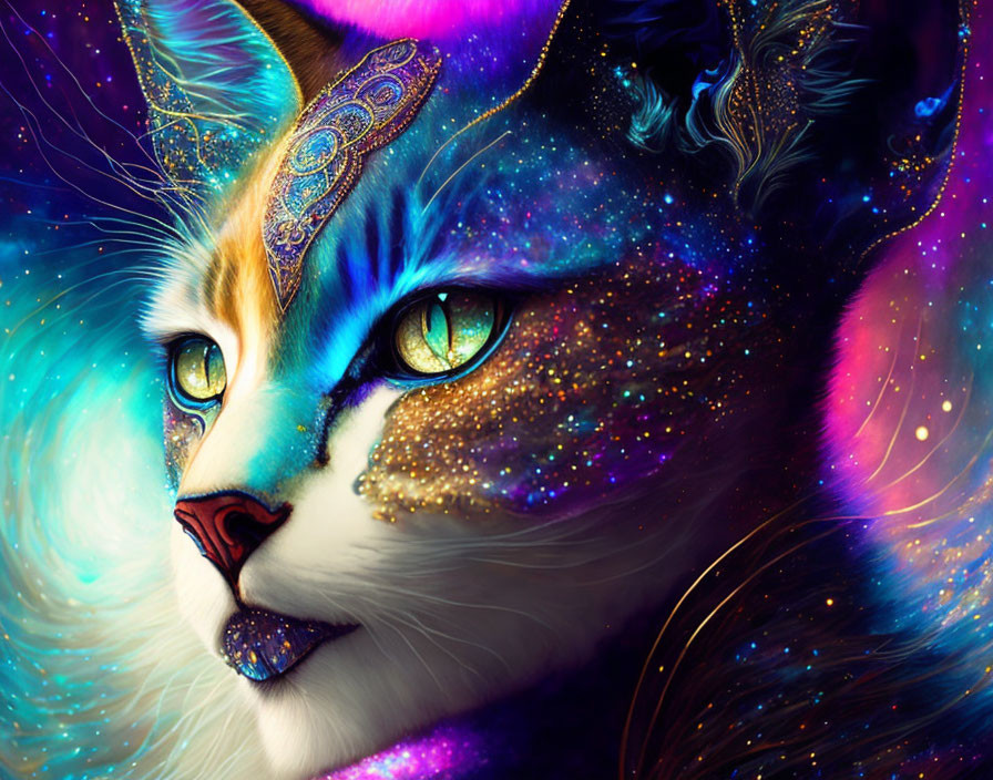 Cosmic-themed digital artwork featuring a majestic cat with starry fur