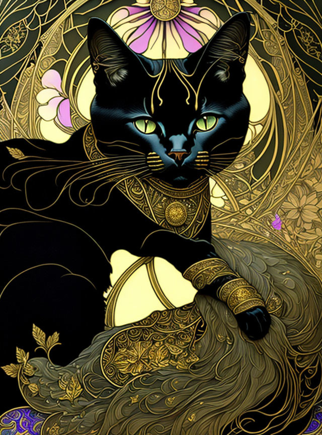 Black cat with blue eyes and gold jewelry on ornate floral background