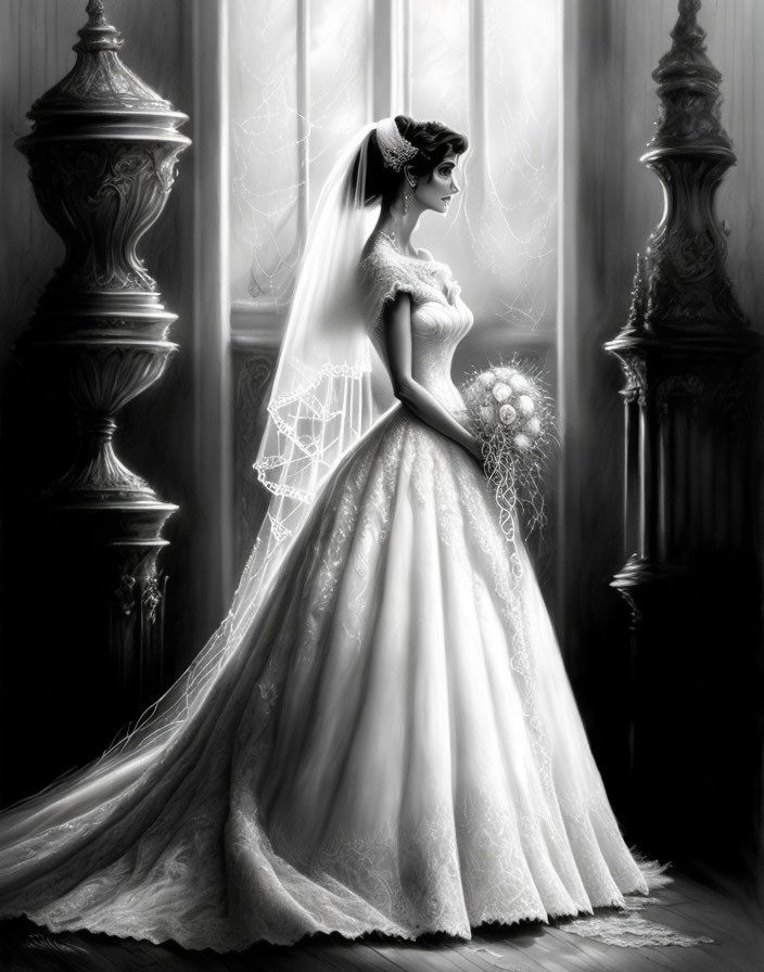 Bride in white gown with bouquet by window, serene beauty