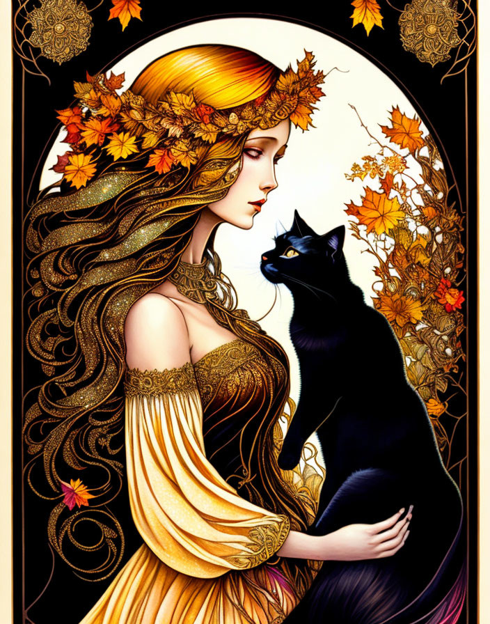 Woman with flowing hair holding black cat in autumn setting within ornate frame