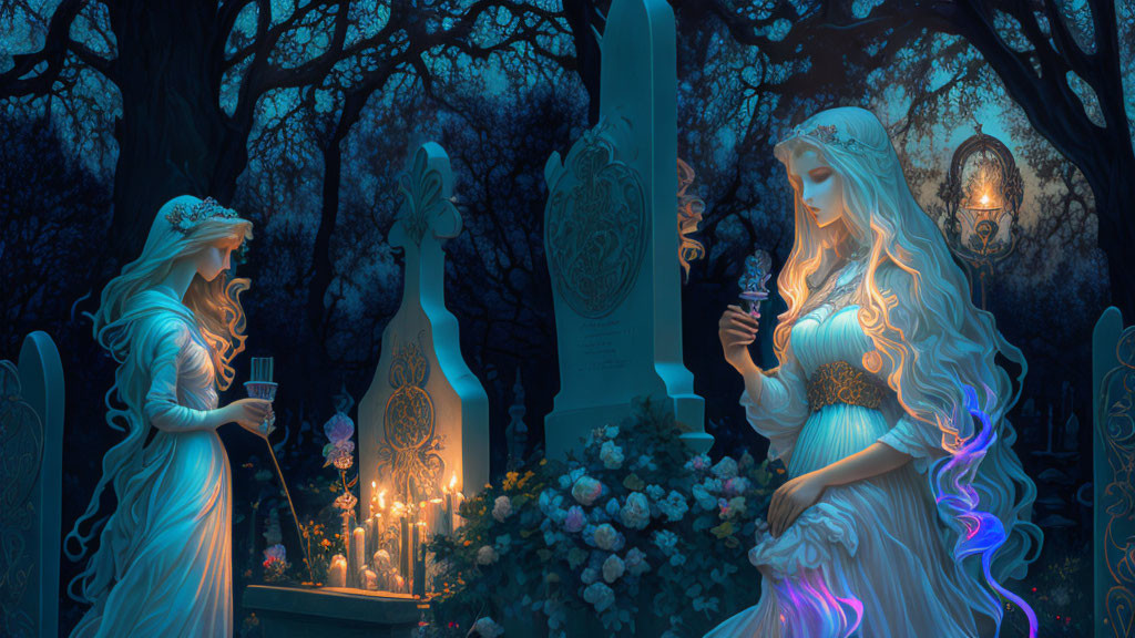 Ethereal women with glowing hair in moonlit forest scene