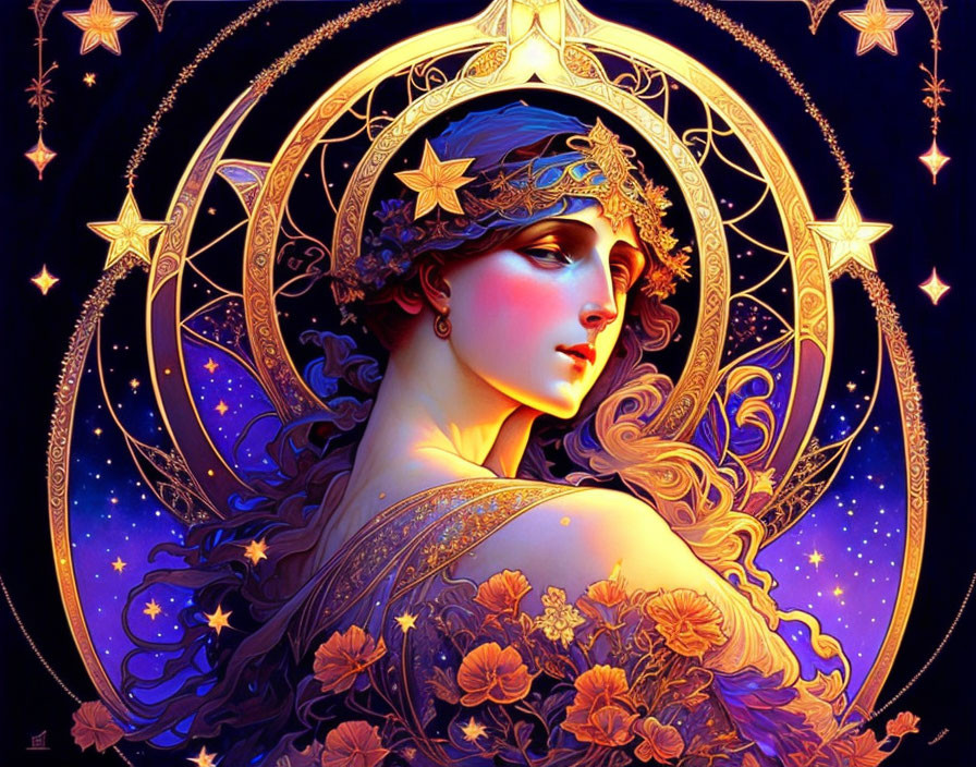 Illustration: Woman with flowing hair, starry crown, intricate jewelry on celestial background.