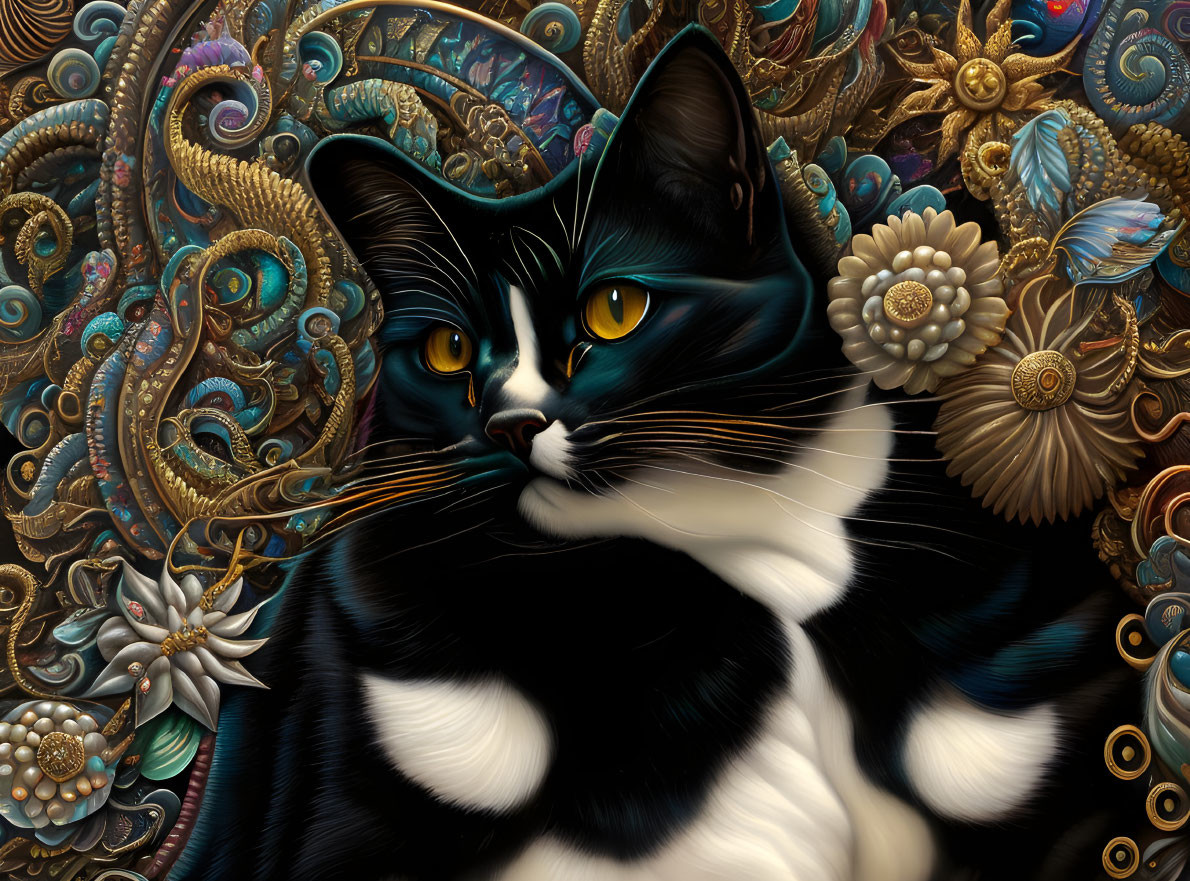 Detailed black and white cat illustration with yellow eyes on ornate gold and blue background