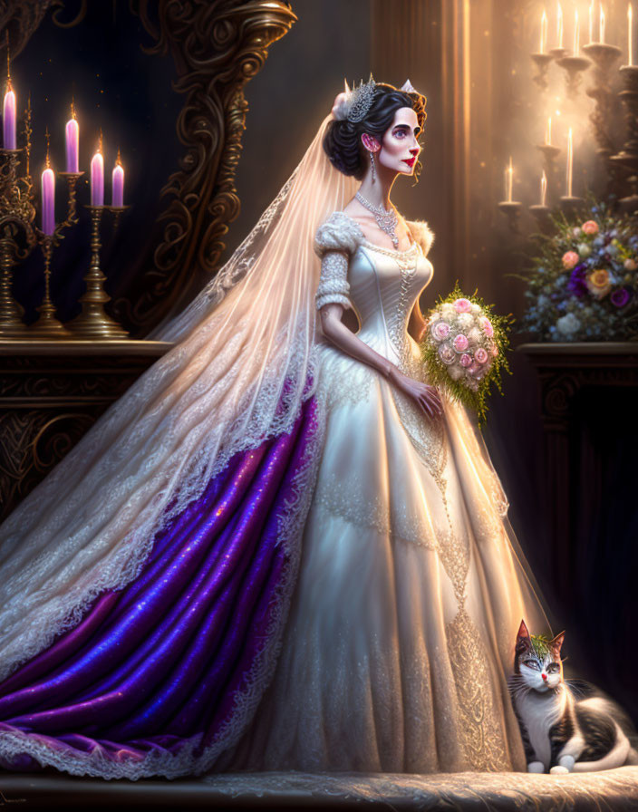 Illustrated vintage bride with purple underskirt, bouquet, cat, and candlelight.