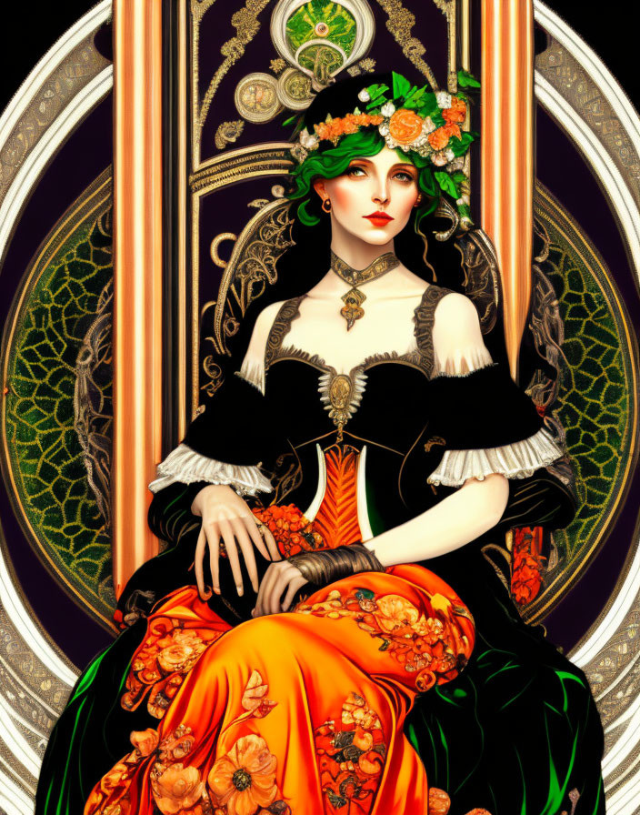 Woman with green hair in Art Nouveau style illustration.