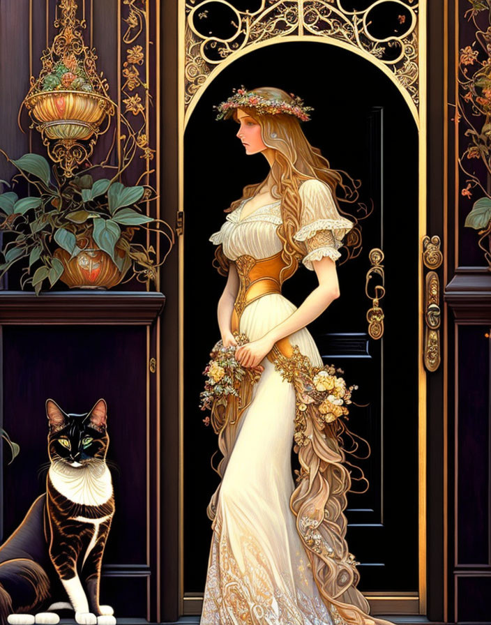 Woman in flowing dress with cat in ornate doorway