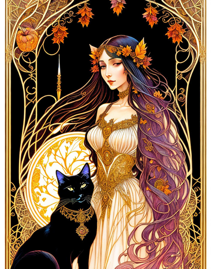 Art Nouveau style illustration: Woman with purple hair, golden leaf crown, black cat, intricate golden