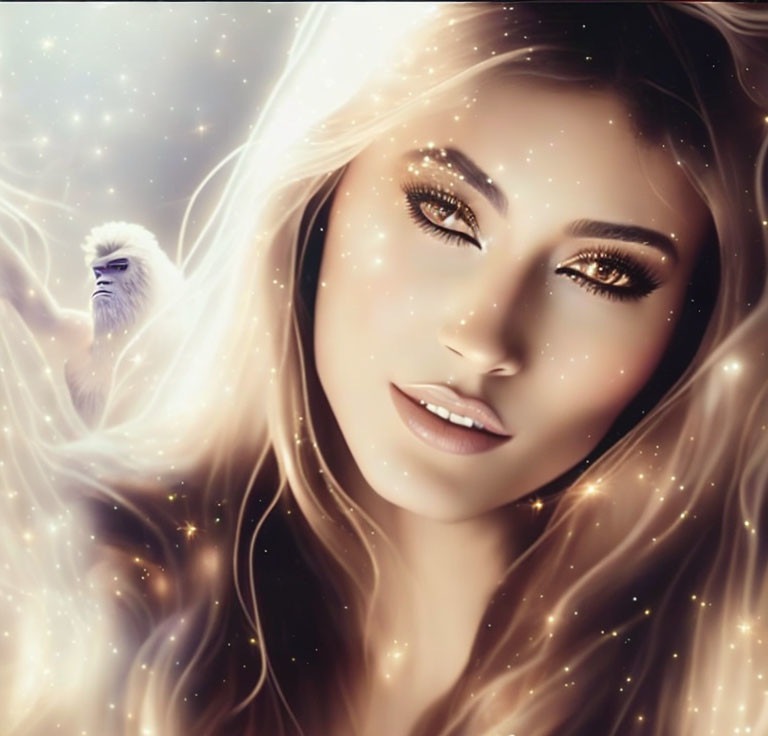 Digital artwork: Smiling woman with glowing skin and mystical bird