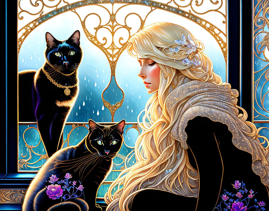 Blonde woman with black cats under starry sky by ornate window