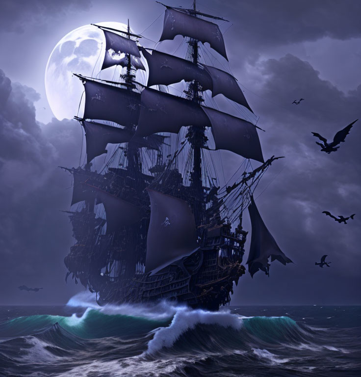 Ghostly pirate ship under full moon on dark, rolling waves