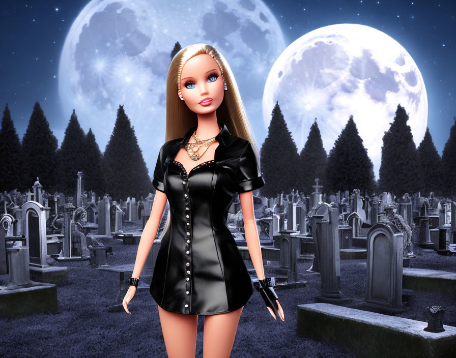 Blond-Haired Doll in Gothic Black Outfit with Cemetery Backdrop