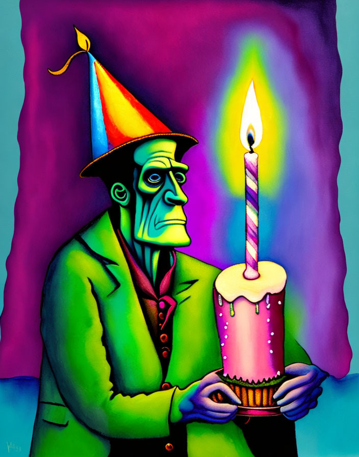 Colorful Illustration: Frankenstein-like Character with Birthday Cake