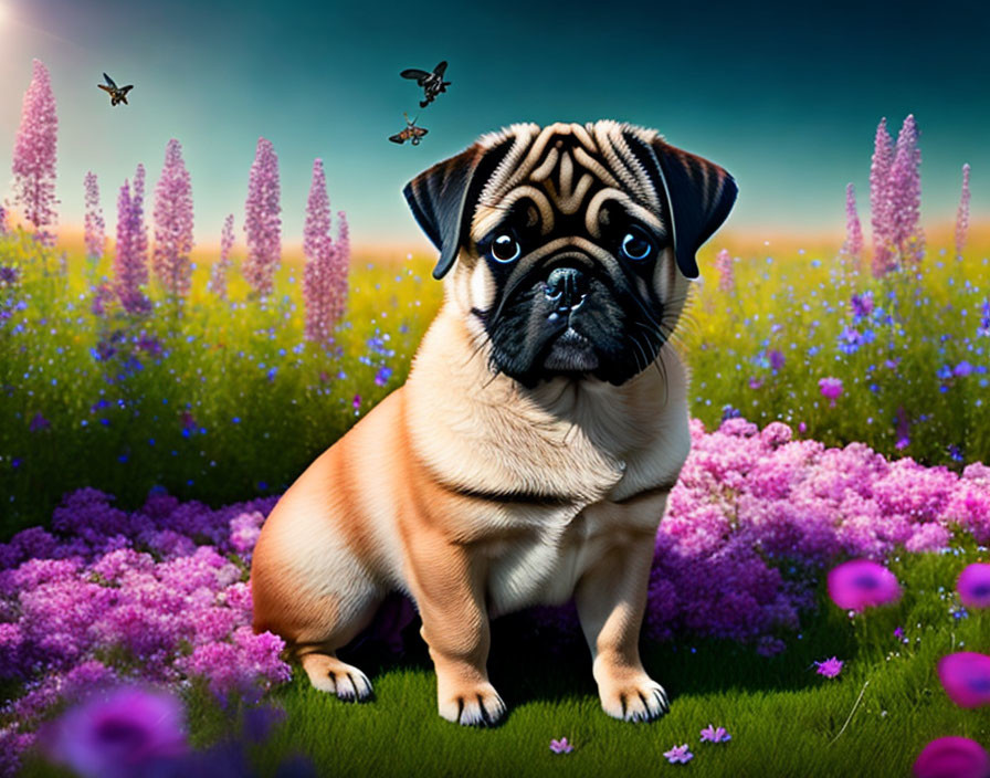 Pug Surrounded by Purple Flowers and Butterflies