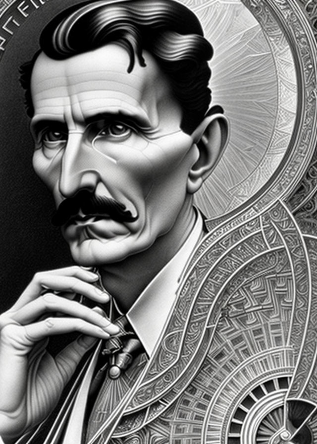 Stylized monochromatic portrait of a thoughtful man with mustache and intricate patterns.