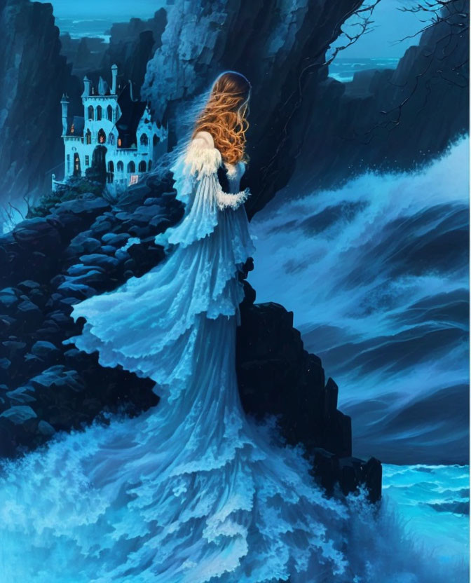 Woman in flowing blue gown on cliff overlooking turbulent sea and castle