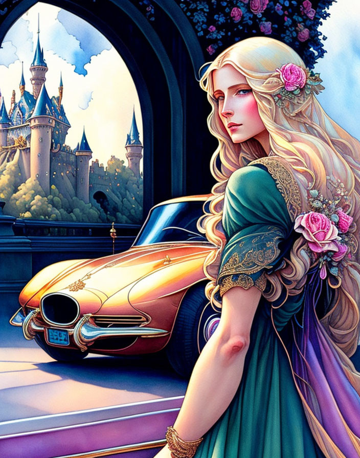 Fantasy illustration of woman with roses in hair, medieval dress, balcony, classic car, castle.