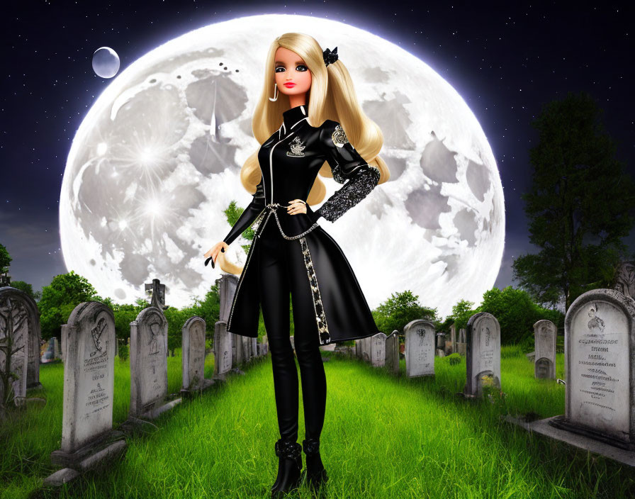 Blonde Doll in Gothic Outfit in Cemetery under Full Moon