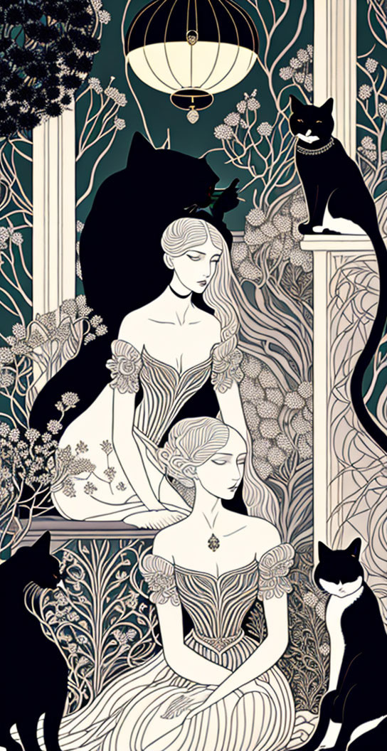 Art Nouveau-style illustration of two women with elaborate hairstyles, floral patterns, trees, and black cats