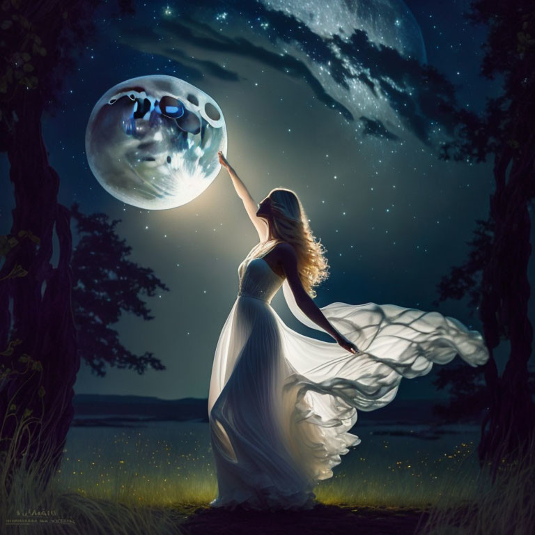 Woman in white dress under glowing moon on starry night surrounded by trees