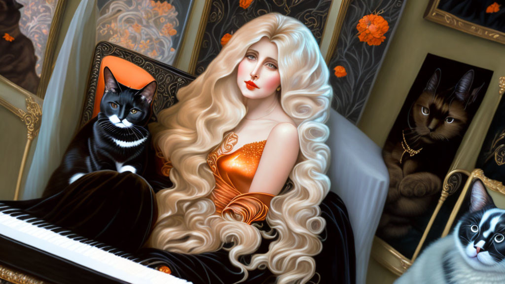 Woman with long wavy hair and orange dress by piano with three black cats in floral room