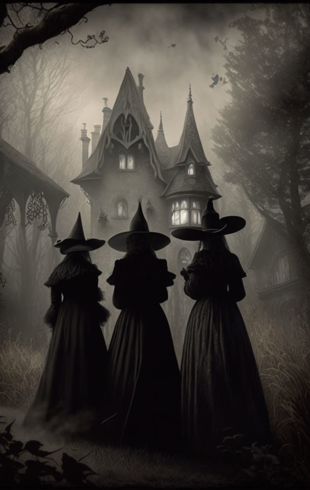 Silhouetted figures in witch attire near Victorian house in misty forest