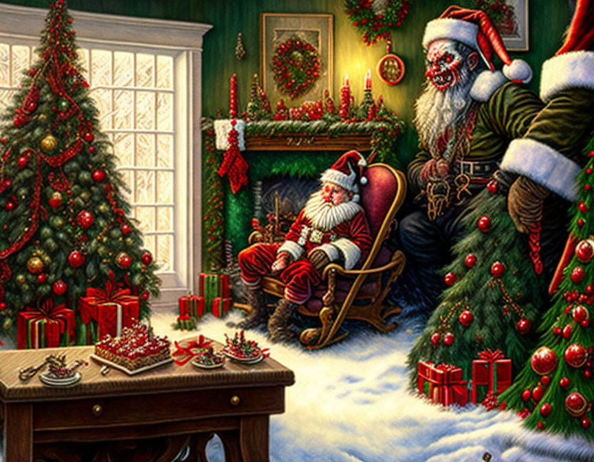 Dual Santa Claus figures in Christmas-themed room with tree, gifts, fireplace, and wreaths