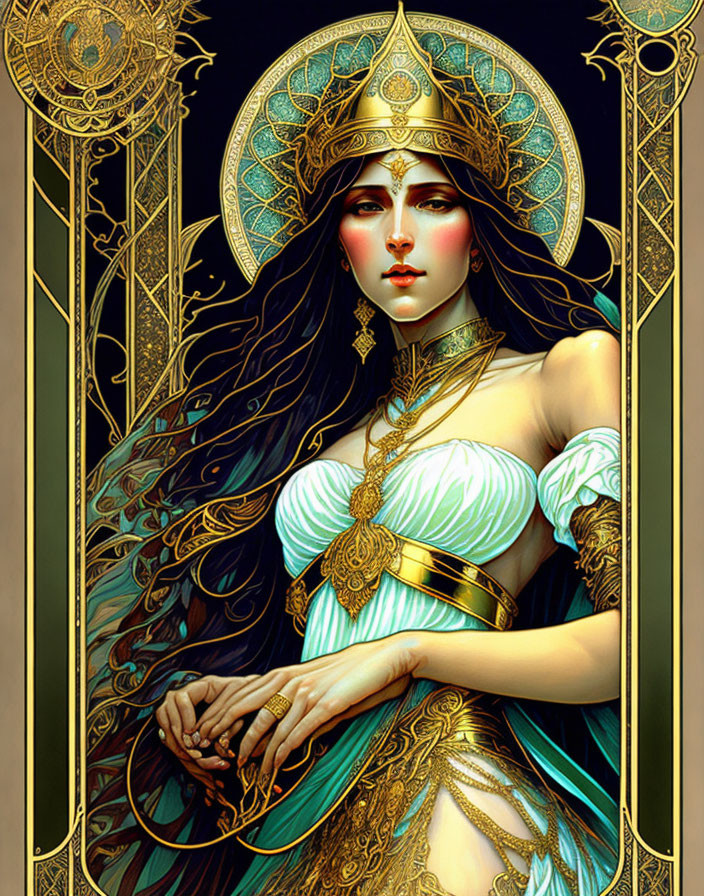 Woman with flowing dark hair in ornate golden headgear and jewelry against Art Nouveau backdrop