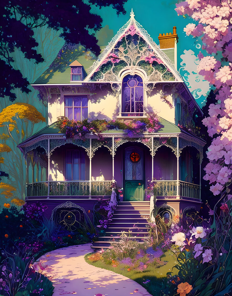 Victorian house with intricate woodwork and blooming flowers in twilight garden