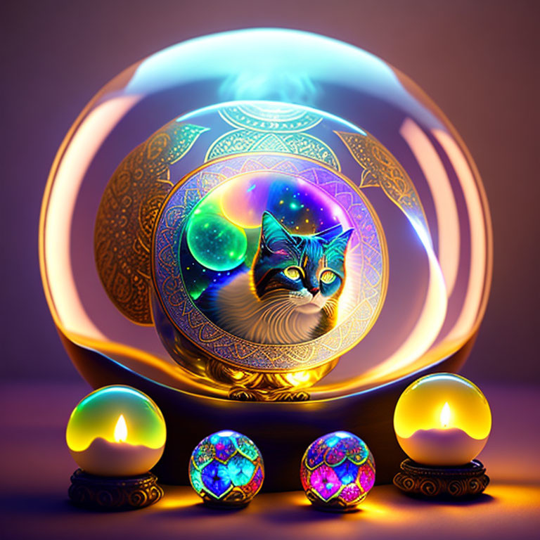 Cosmic cat in glowing orb with colorful spheres and candles