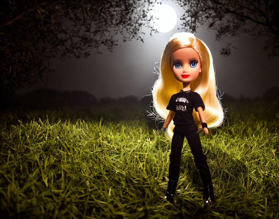 Blonde Hair Blue-Eyed Doll in Moonlit Field