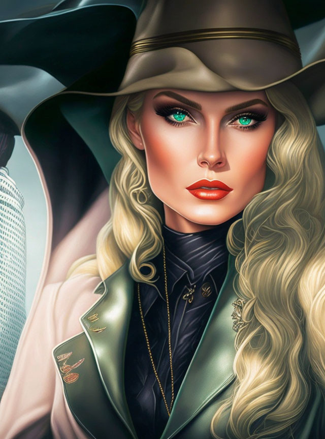 Woman with green eyes, brown hat, green jacket, gold details, wavy blonde hair.