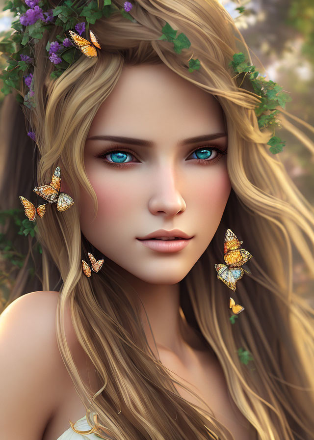 Digital Artwork: Woman with Blue Eyes, Green Leafy Crown, Orange Butterflies