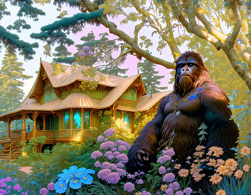 Detailed digital artwork of gorilla with flowers and Victorian house in forest