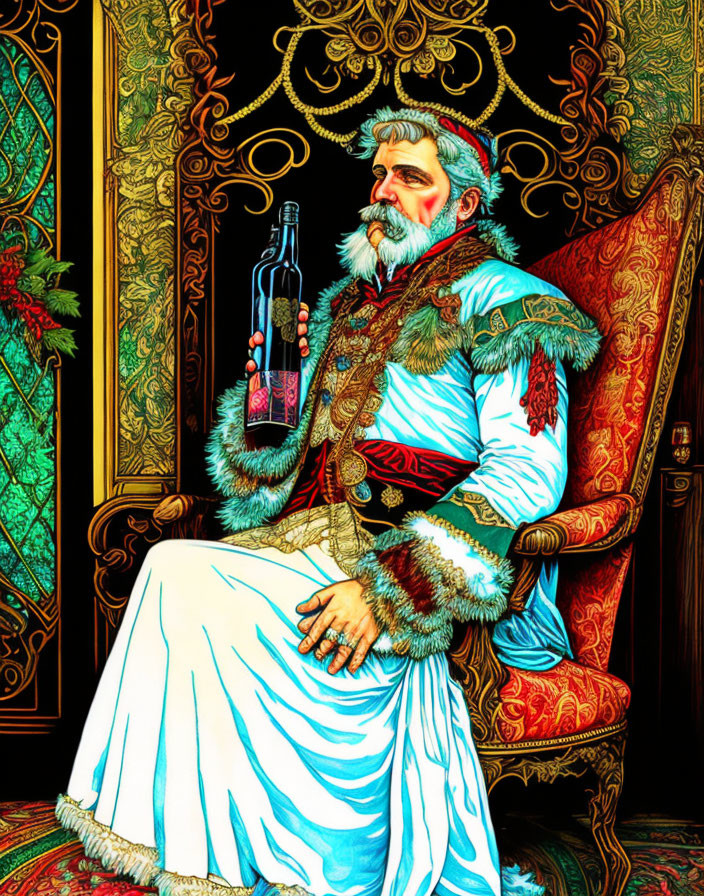 Regal figure in renaissance attire with blue bottle on throne.