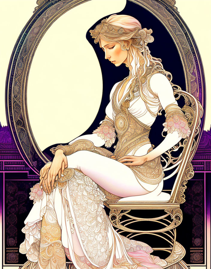 Art Nouveau Style Woman Illustration in Ornate Dress sitting gracefully