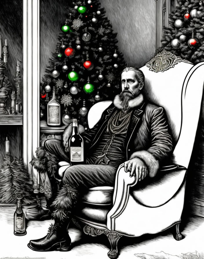 Bearded person in fur-trimmed coat by Christmas tree with bottles