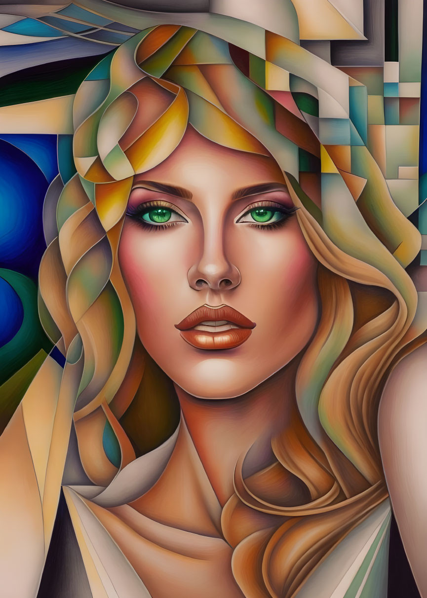 Vibrant portrait of woman with geometric hair shapes & abstract background