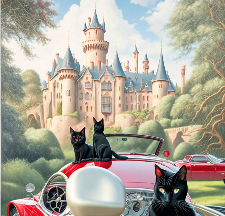 Black Cats on Red Convertible Car with Castle Background in Green Setting