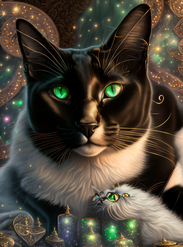 Black and white cat with green eyes among candles and celestial motifs