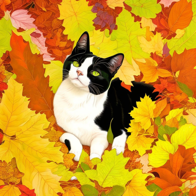 Black and White Cat Resting Among Colorful Autumn Leaves