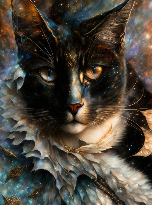 Cosmic cat digital artwork with starry fur and deep eyes