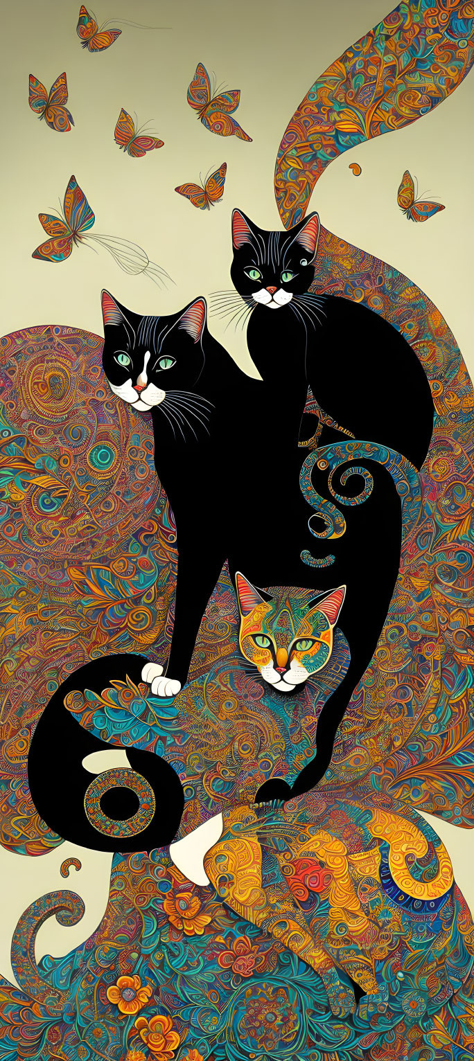 Stylized black cats with vibrant coats in colorful swirls on beige background